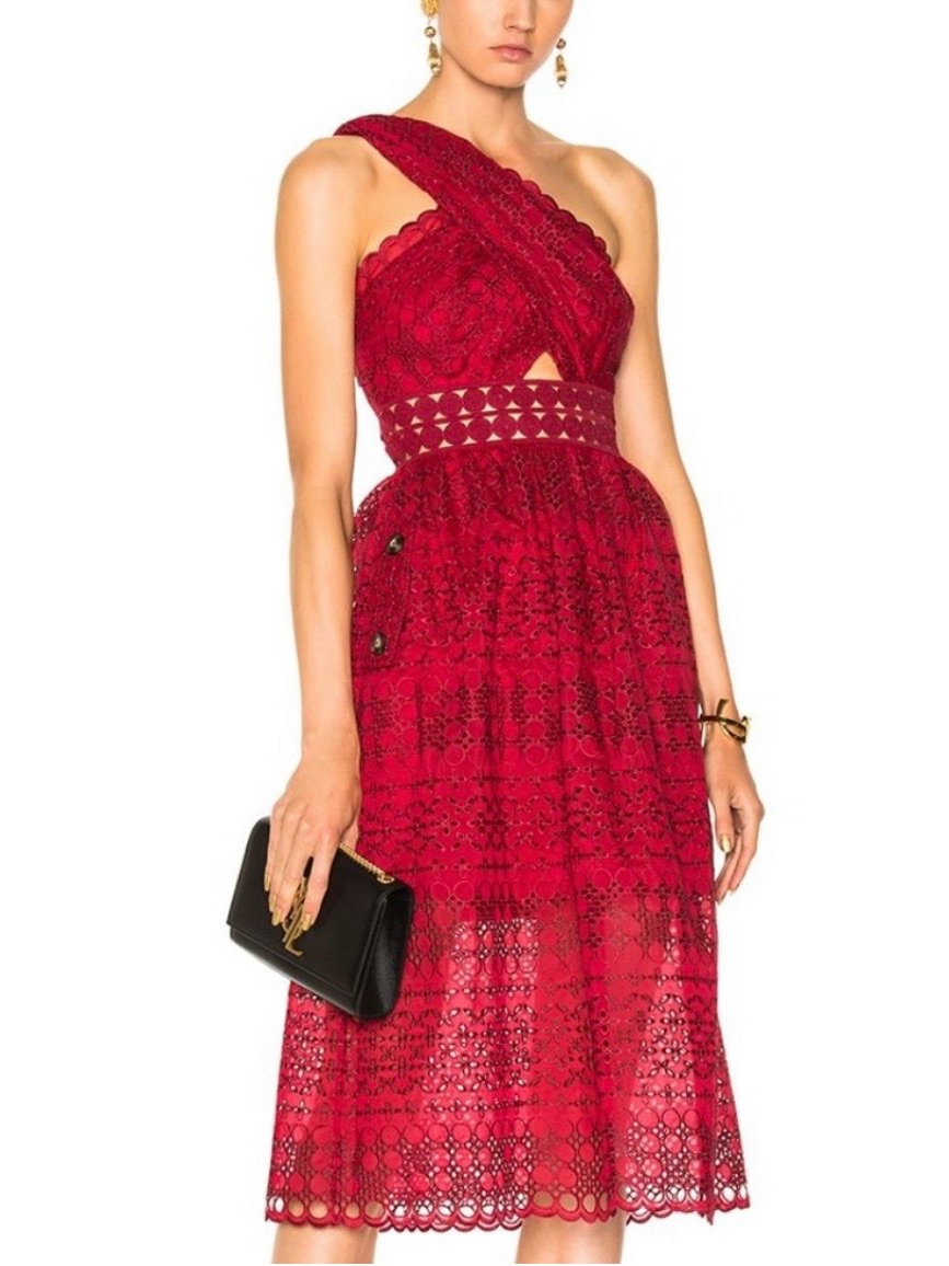 Self-Portrait Deep Red One Shoulder Dress